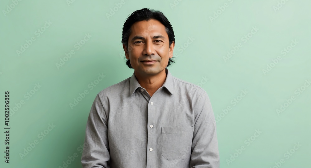 Fototapeta premium Content Indigenous man in a soft gray shirt set against a mint green background