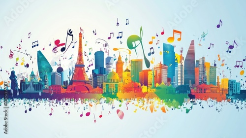 High-res image of colorful music notes swirling around iconic global landmarks, celebrating International Music Day and the cultural impact of music worldwide.