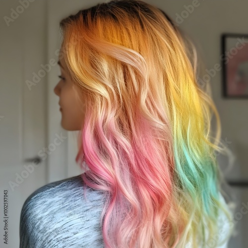 Pastel rainbow-colored wavy hair photo