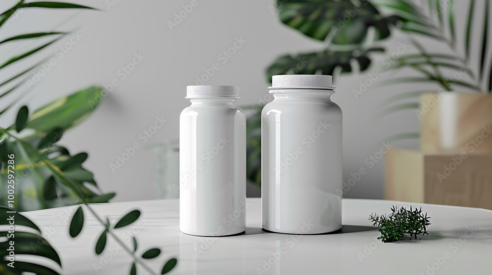 Two white supplement bottles on a white marble table with green plants in the background. Two white supplement bottles on a white marble table with green plants in the background.