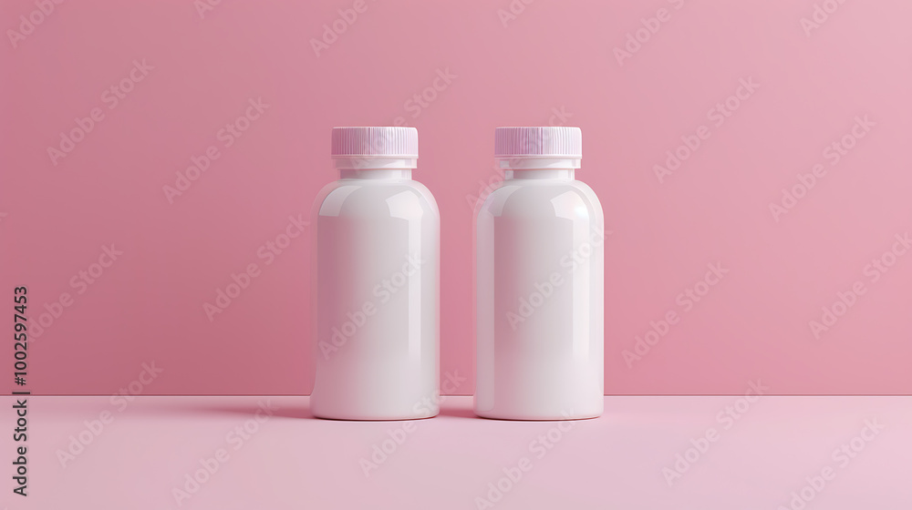 Two white bottles with purple lids stand side by side on a pink surface. They are ready to be filled with your product. Two white bottles with purple lids stand side by side on a pink surface. They are ready to be filled with your product.