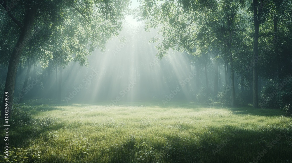 A fog-laden woodland scene in the early morning, with thin rays of light cutting through the mist A fog-laden woodland scene in the early morning, with thin rays of light cutting through the mist