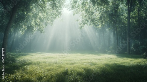 A fog-laden woodland scene in the early morning, with thin rays of light cutting through the mist