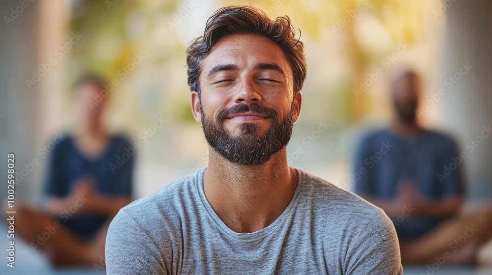A man smiles while meditating outdoors, surrounded by others, enjoying a peaceful and sunny atmosphere A man smiles while meditating outdoors, surrounded by others, enjoying a peaceful and sunny atmosphere