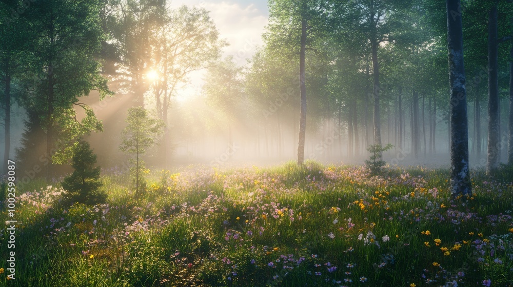 A forest blanketed in morning fog, with soft sunlight peeking through the branches A forest blanketed in morning fog, with soft sunlight peeking through the branches