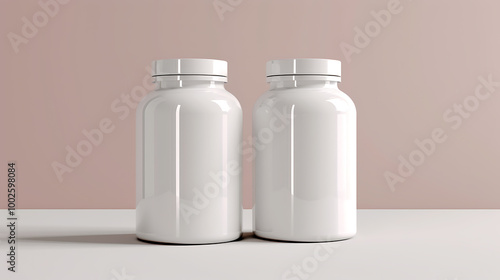 Two white supplement bottles on a white table with a light pink background.