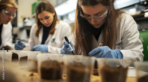 Wallpaper Mural A team of researchers examining soil samples in a lab as part of a project to improve food production systems, supporting FAO goals. Torontodigital.ca