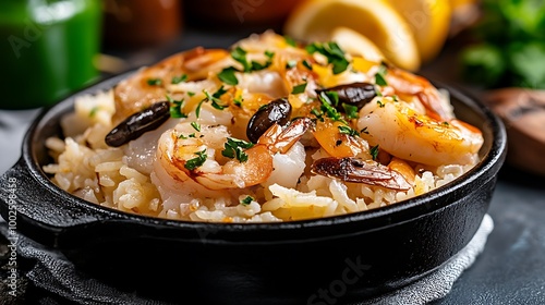 Delicious Shrimp Rice Dish with Black Olives and Parsley in Black Cast Iron Pan