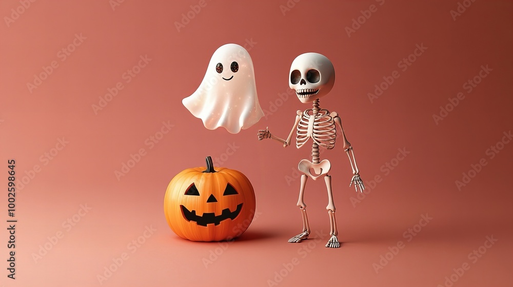A friendly skeleton and ghost celebrate Halloween with a jack-o-lantern. A friendly skeleton and ghost celebrate Halloween with a jack-o-lantern.