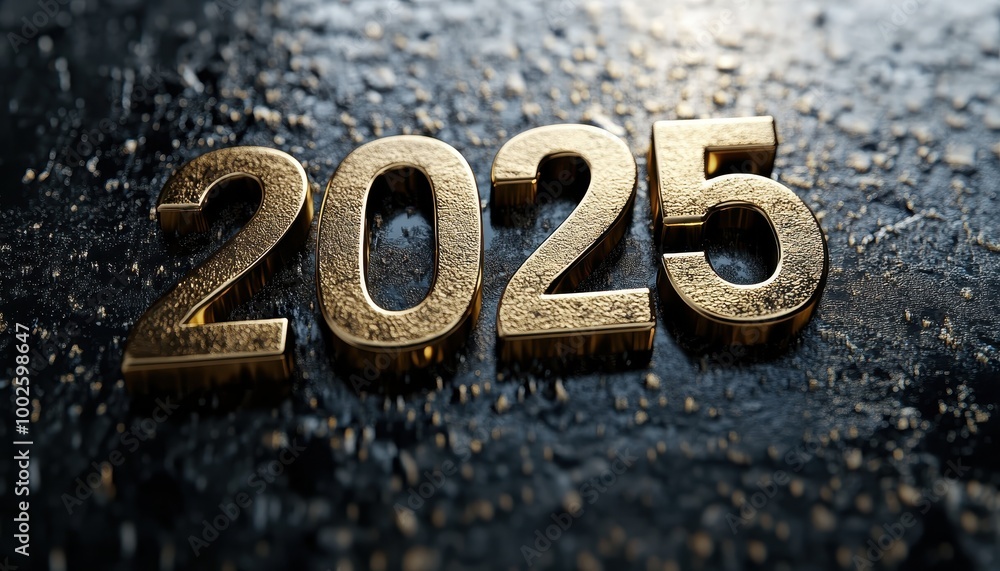 Golden 2025 Numerals on Rough Black Surface Golden 2025 Numerals on Rough Black Surface