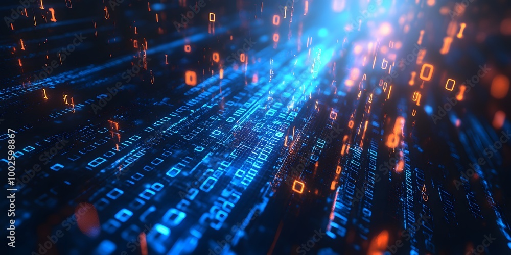 Obraz premium Digital matrix background with vertical streams of binary code and glowing numbers Abstract technology concept with futuristic computer network visualization and illuminated data strings