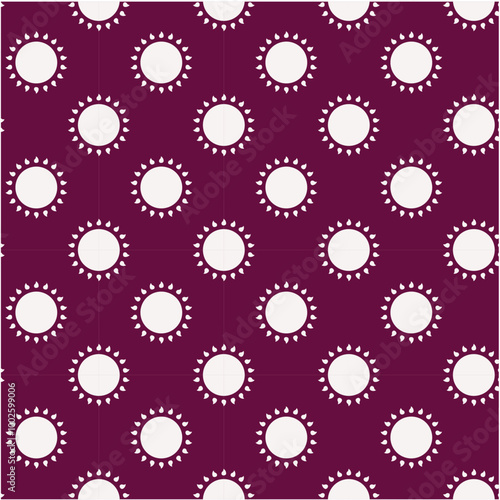 A repeating pattern of sun icons on a maroon background, creating a vibrant and cheerful design.