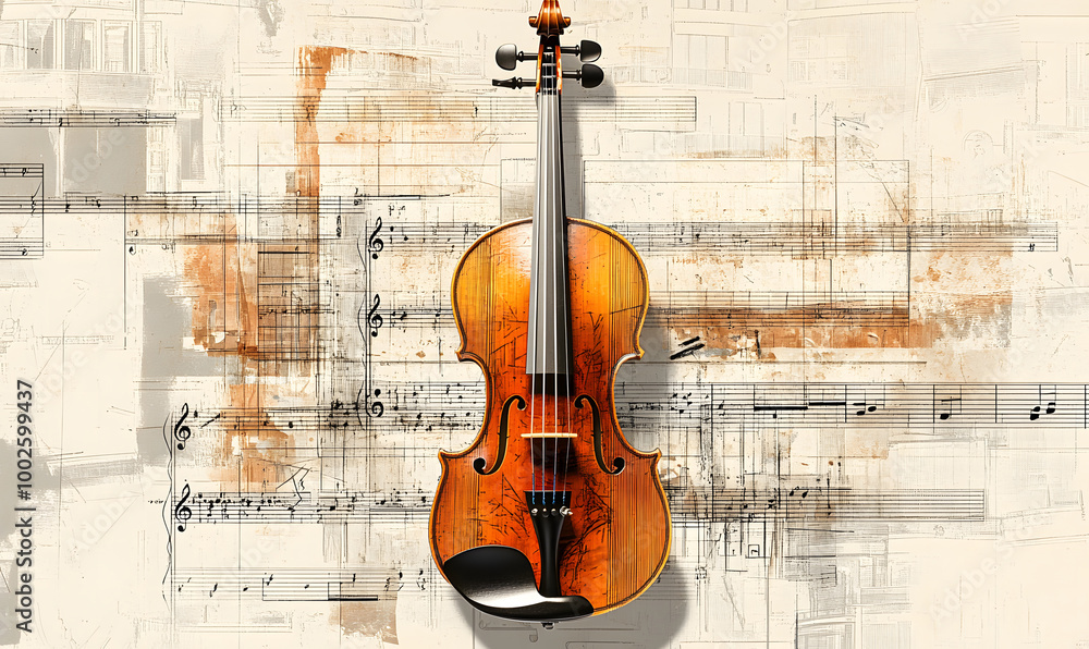 Naklejka premium Artistic Violin with Musical Notes and Abstract Background