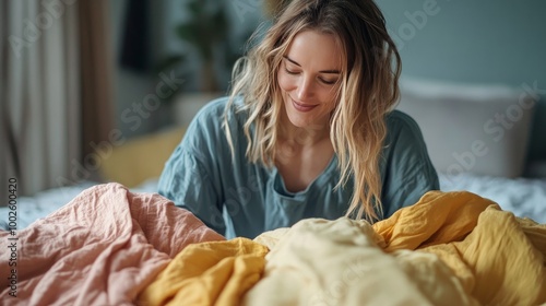 Woman doing housework, cleaning, and laundry while breathing in the aroma of freshly laundered clothing, blankets, and fabrics. Satisfied woman cleaning with cloth for fragrance, scent, and aroma