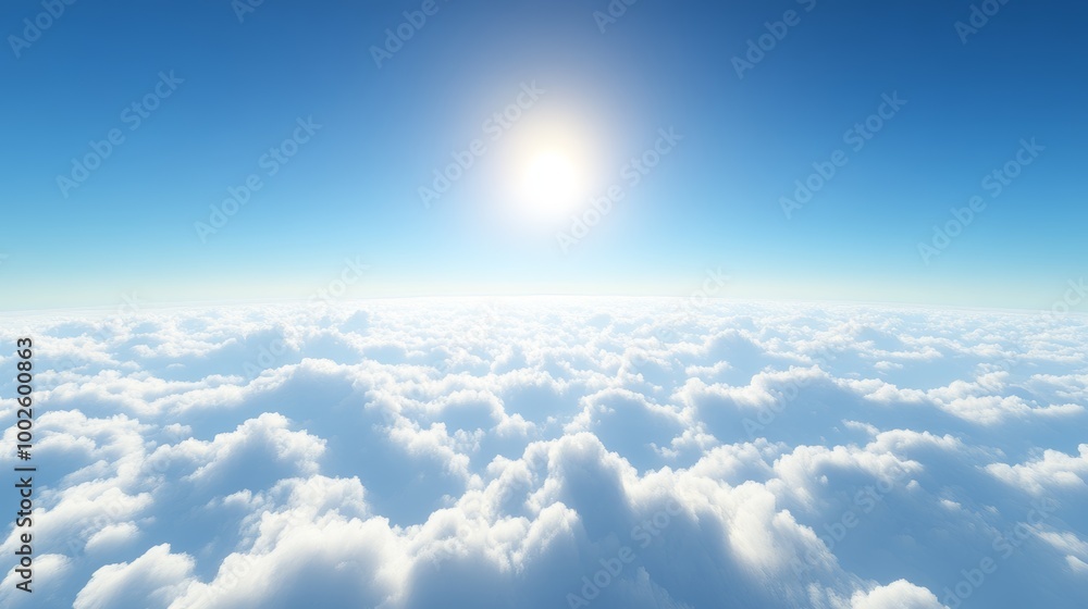 A serene morning above scattered clouds, with a vivid blue sky A serene morning above scattered clouds, with a vivid blue sky