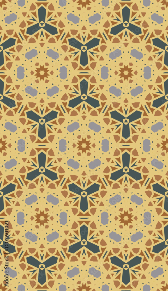 A vibrant geometric pattern featuring intricate shapes in warm tones, suitable for backgrounds or textile designs. A vibrant geometric pattern featuring intricate shapes in warm tones, suitable for backgrounds or textile designs.