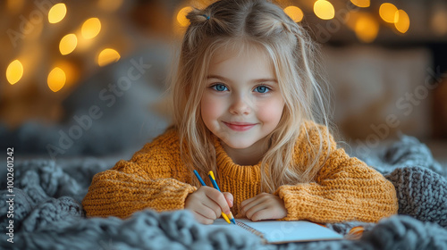 A cheerful girl in a bright sweater smiles while jotting down her thoughts in a notebook surrounded by warm, twinkling lights photo