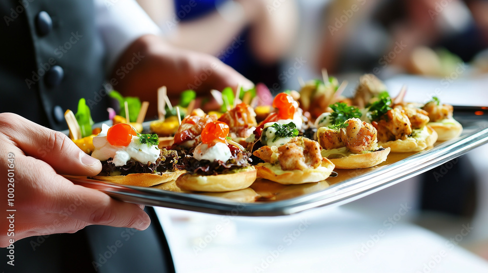 Sophisticated Event Scene with a Waiter Serving a Tray of Canapés Sophisticated Event Scene with a Waiter Serving a Tray of Canapés