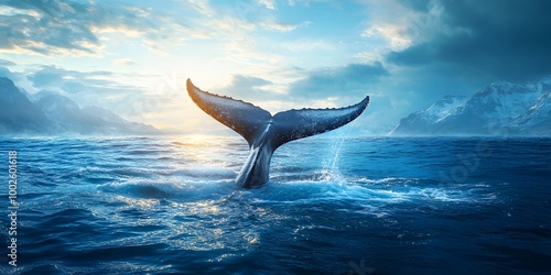 Wallpaper Mural Majestic whale tail breaching under a bright blue sky with crystal clear ocean and sunlit water droplets Vivid turquoise sea and distant mountains capture a serene vibrant seascape Torontodigital.ca
