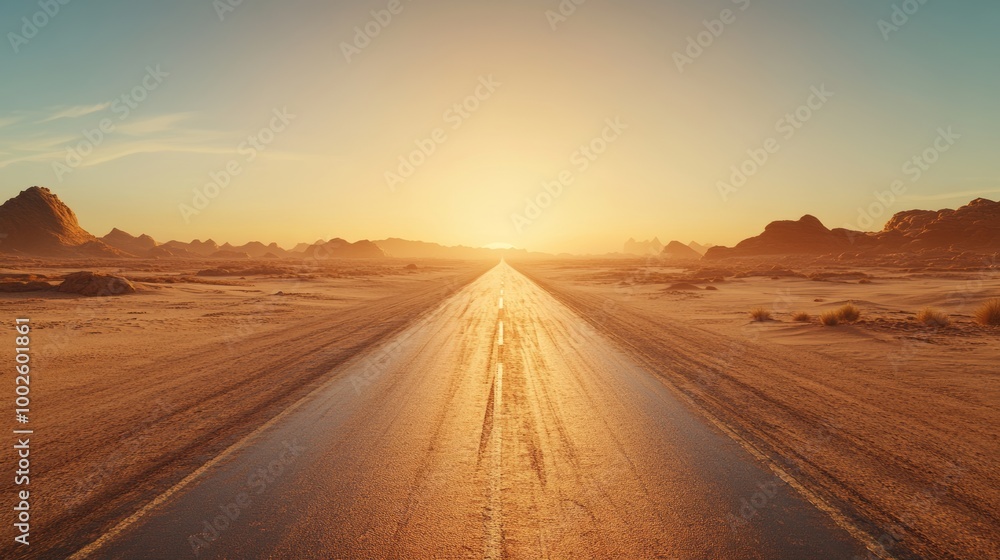 A straight road cutting through a vast, sandy desert