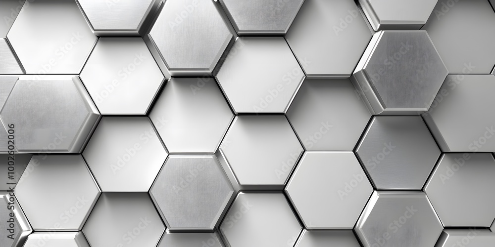 Metallic silver hexagon pattern with 3D geometric background and futuristic honeycomb texture Reflective surface and dynamic light play create a sleek industrial design for tech-inspired wallpaper