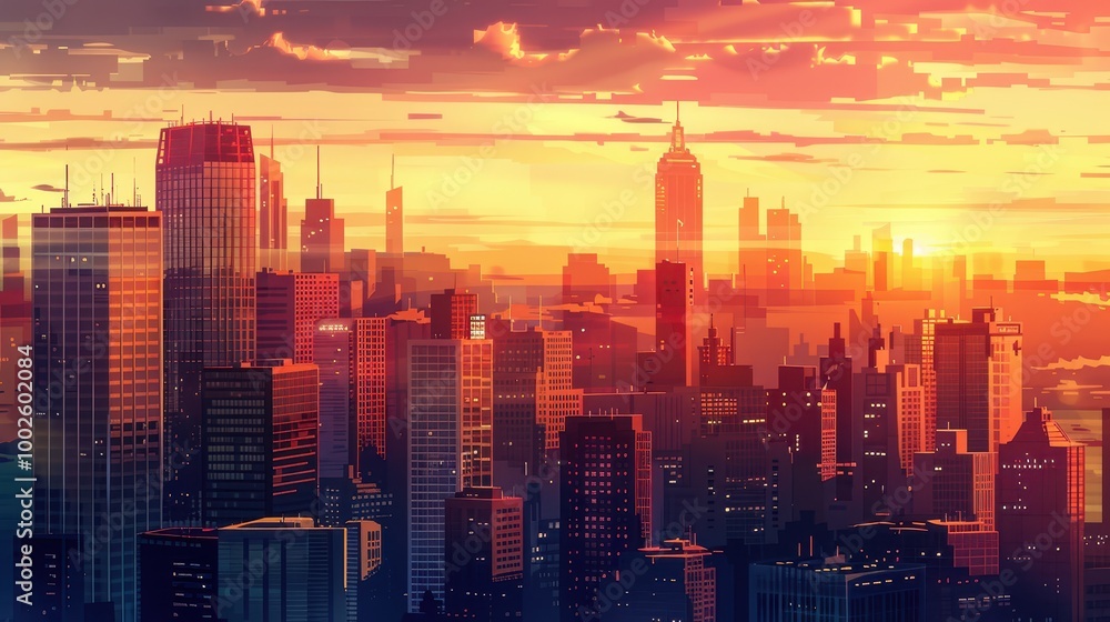 Fototapeta premium Cityscape at Sunset with Tall Buildings and Orange Sky