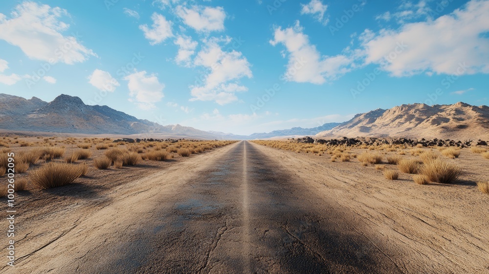 A straight road through a desolate desert with sparse vegetation, ultra detailed A straight road through a desolate desert with sparse vegetation, ultra detailed