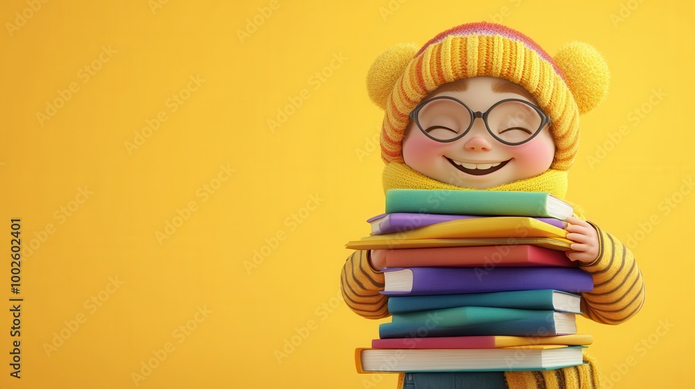 3D Happy child holding a stack of colorful books, ready for school, on a bright, minimalist background, 3D Happy child holding a stack of colorful books, ready for school, on a bright, minimalist background,