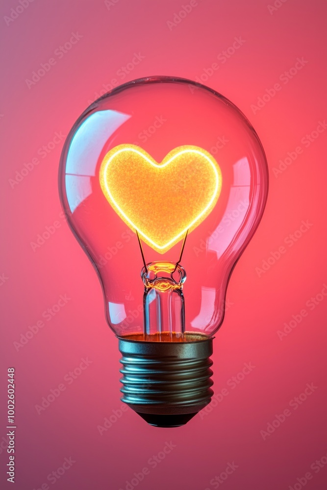 A lightbulb illuminated with a glowing heart icon, set on a soft, warm pink and red gradient background, representing love and passion-driven ideas