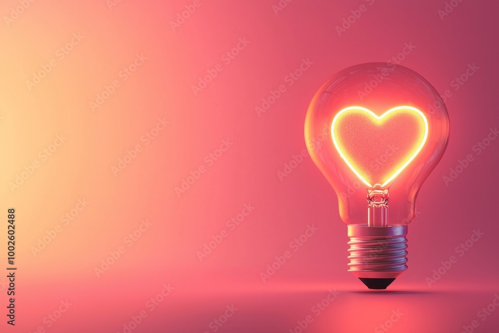 A lightbulb illuminated with a glowing heart icon, set on a soft, warm pink and red gradient background, representing love and passion-driven ideas A lightbulb illuminated with a glowing heart icon, set on a soft, warm pink and red gradient background, representing love and passion-driven ideas