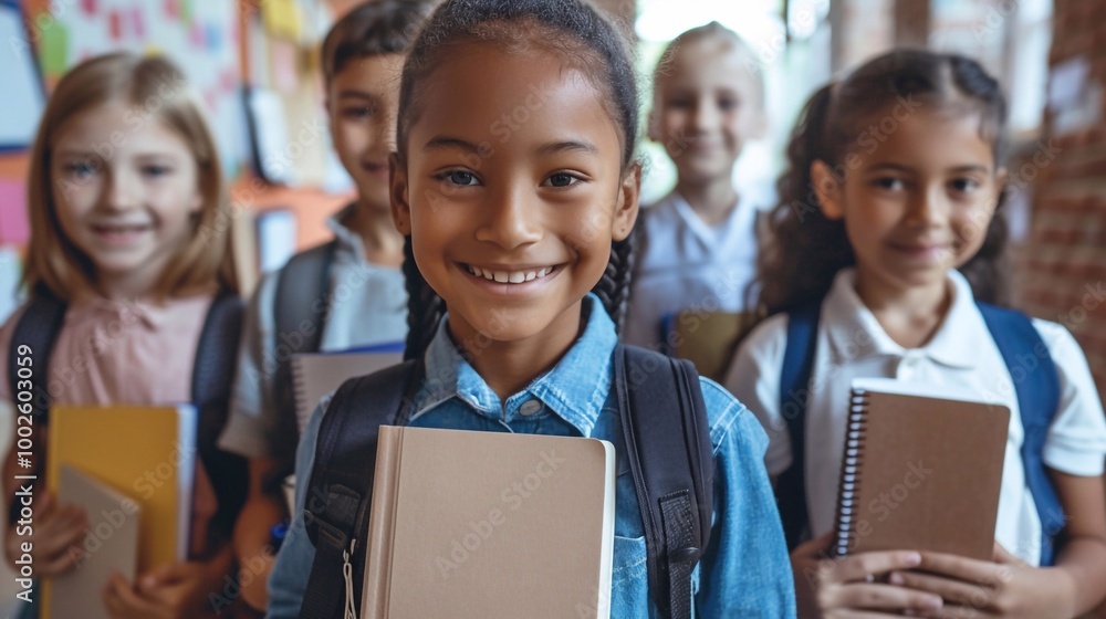 Happy Kids with Books: Group Standing Side by Side with Backpacks Happy Kids with Books: Group Standing Side by Side with Backpacks