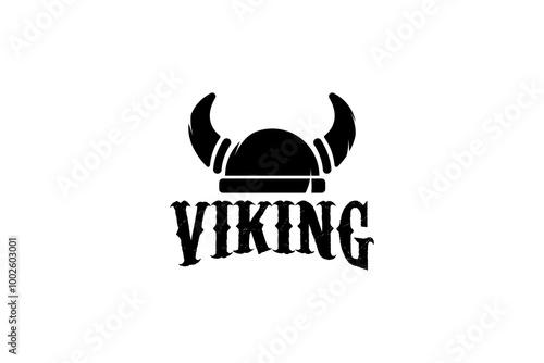 Viking logo design. Nordic warrior symbol. Horned Norseman emblem. Barbarian man head icon with horn helmet and beard.