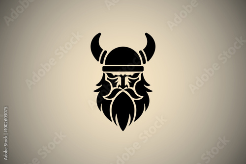 Viking logo design. Nordic warrior symbol. Horned Norseman emblem. Barbarian man head icon with horn helmet and beard.