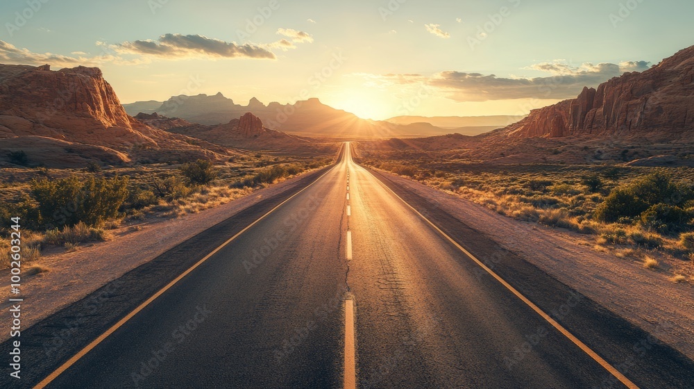 Fototapeta premium A two-lane highway winding through rugged desert terrain, ultra detailed