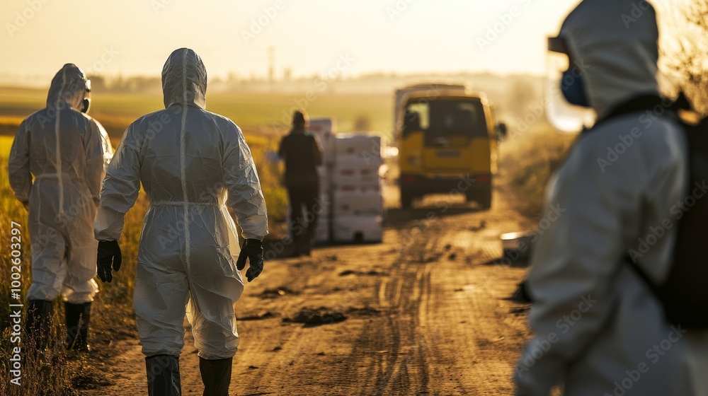 Workers in protective suits observe and engage in activity on a dirt road, amidst a hazy sunset environment. Workers in protective suits observe and engage in activity on a dirt road, amidst a hazy sunset environment.