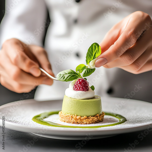 Fototapeta Naklejka Na Ścianę i Meble -  Chef plating dessert with mint and raspberry on a white plate.