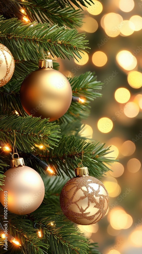 A close-up view of a beautifully decorated Christmas tree featuring pastel pink and gold ornaments, complemented by a blurred backdrop of twinkling fairy lights and bokeh effects A close-up view of a beautifully decorated Christmas tree featuring pastel pink and gold ornaments, complemented by a blurred backdrop of twinkling fairy lights and bokeh effects