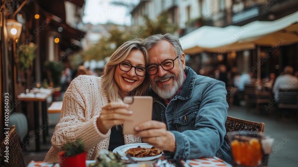 Couple enjoying a romantic dinner while taking a selfie at an outdoor restaurant in a charming European town during the evening Couple enjoying a romantic dinner while taking a selfie at an outdoor restaurant in a charming European town during the evening