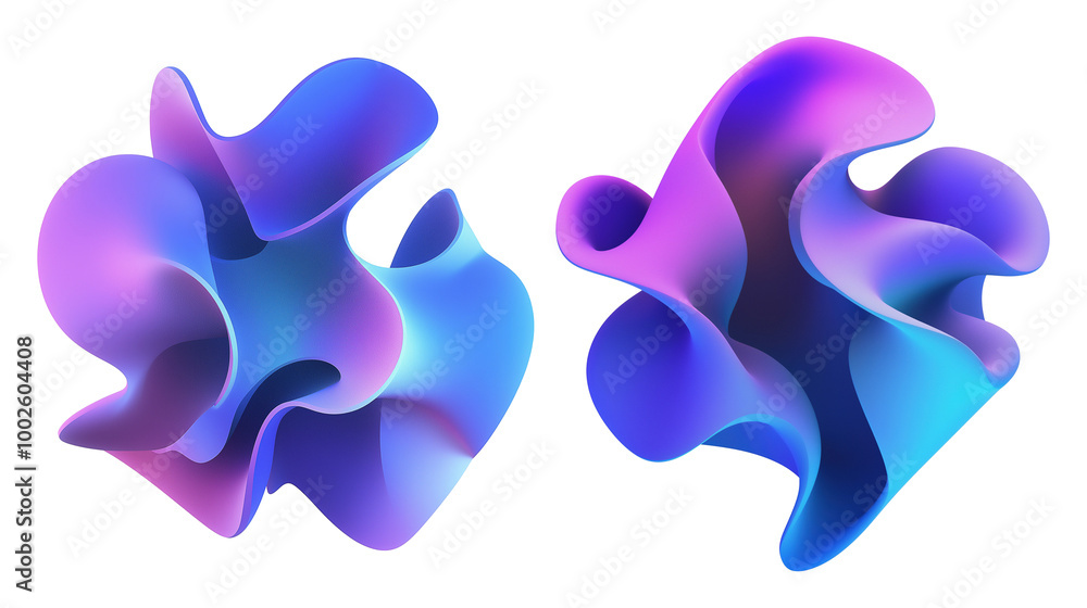 Two abstract fluid shapes in gradient hues transparent image. Blue purple soft curves isolated cutouts 3d render. Dynamic flowing organic design cut out cliparts elements png