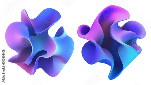 Two abstract fluid shapes in gradient hues transparent image. Blue purple soft curves isolated cutouts 3d render. Dynamic flowing organic design cut out cliparts elements png photo