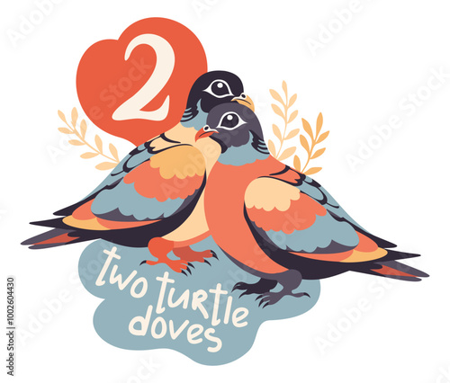 Two turtle doves. The twelve days of Christmas. English Christmas carol. Second day. Vector isolated illustration