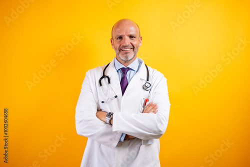 A confident doctor, wearing a white coat and holding a stethoscope.