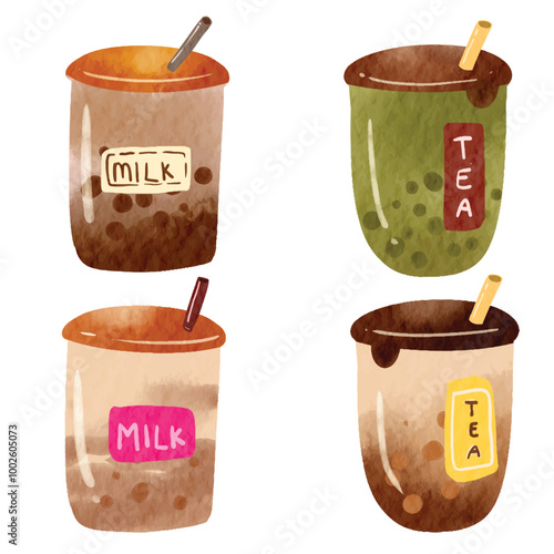 Watercolor Bubble Tea Element Boba Tea with a Straw Vector Collection