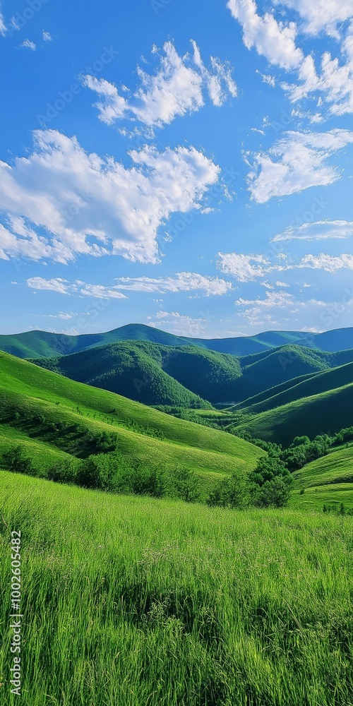 A beautiful mountain landscape with a clear blue sky. The mountains are lush and green, and the grass is tall and vibrant. The scene is peaceful and serene A beautiful mountain landscape with a clear blue sky. The mountains are lush and green, and the grass is tall and vibrant. The scene is peaceful and serene