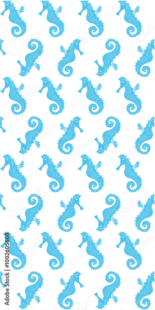 A repeating pattern of stylized blue seahorses on a white background, ideal for textiles or decorative designs. A repeating pattern of stylized blue seahorses on a white background, ideal for textiles or decorative designs.