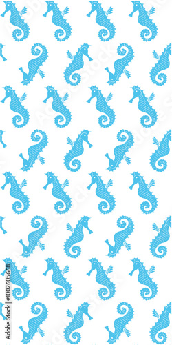 A repeating pattern of stylized blue seahorses on a white background, ideal for textiles or decorative designs.