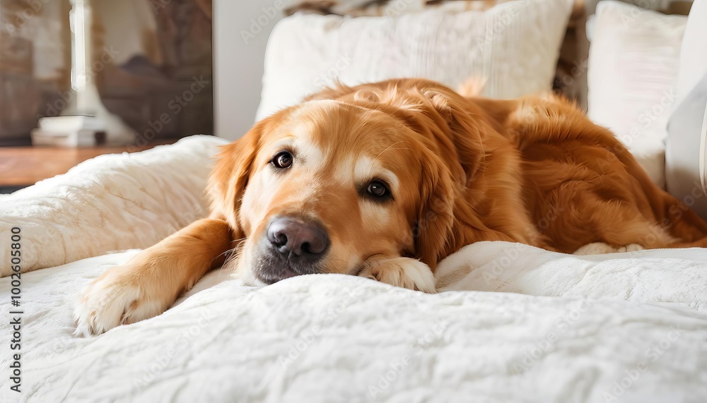 Relaxed golden retriever laying on white blanket, cozy home setting, promotes pet comfort Relaxed golden retriever laying on white blanket, cozy home setting, promotes pet comfort