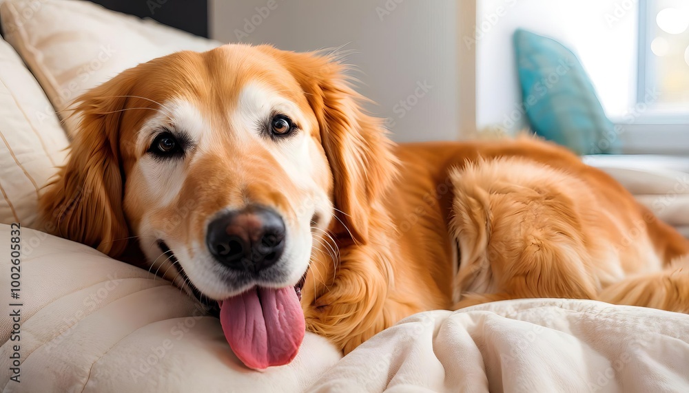 Happy golden retriever lying on bed in cozy home, perfect for pet care advertisements Happy golden retriever lying on bed in cozy home, perfect for pet care advertisements