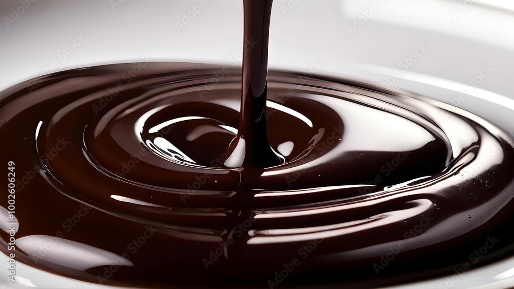 Close-up of flowing melted chocolate, dark brown, appetizing food, dessert advertisement Close-up of flowing melted chocolate, dark brown, appetizing food, dessert advertisement