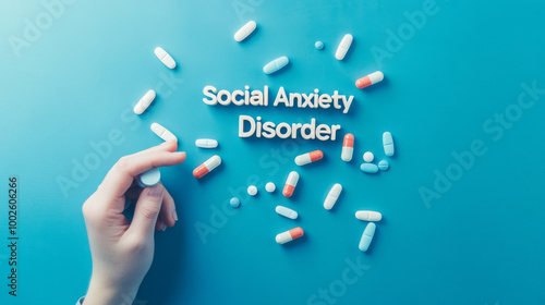 A blue background with pills and a doctor's hand shows the concept of social anxiety disorder.The words 